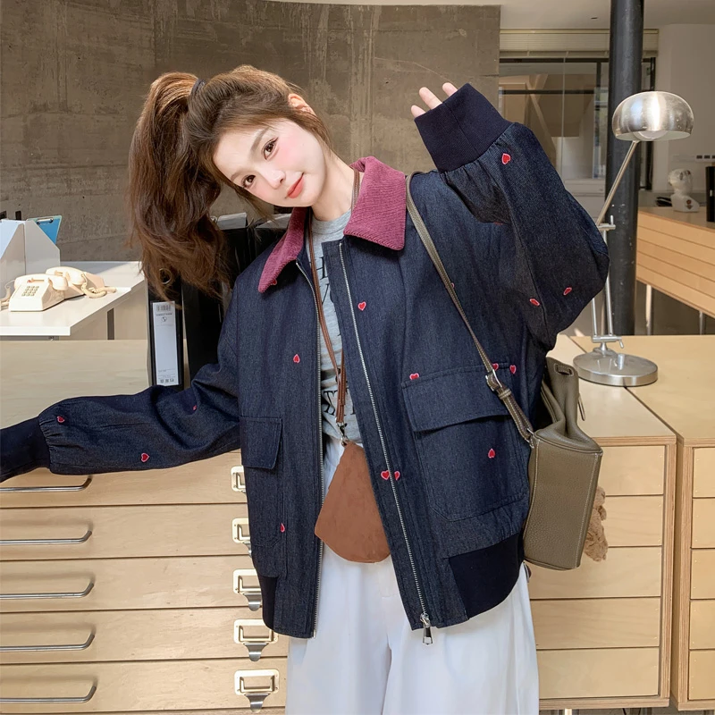 爱心刺绣牛仔外套女2025春秋新款复古港风甜酷炸街灯芯绒翻领夹克