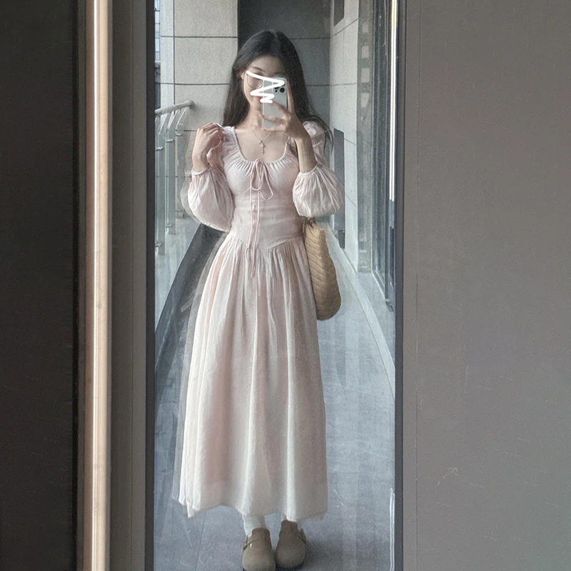 法式温柔风甜美粉色春季2025新款小个子收腰高级感气质长裙6272
