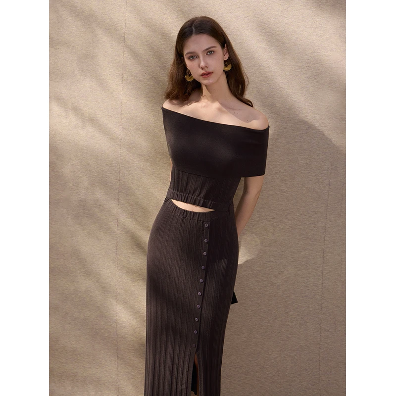 Mix Selection｜一字领露肩收腰裙女镂空法式轻奢连衣裙MSAJQ0080