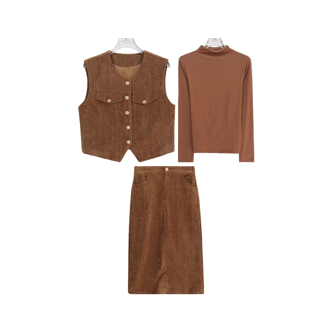 高级感小香风马甲纯色内搭高腰半身裙套装S4069