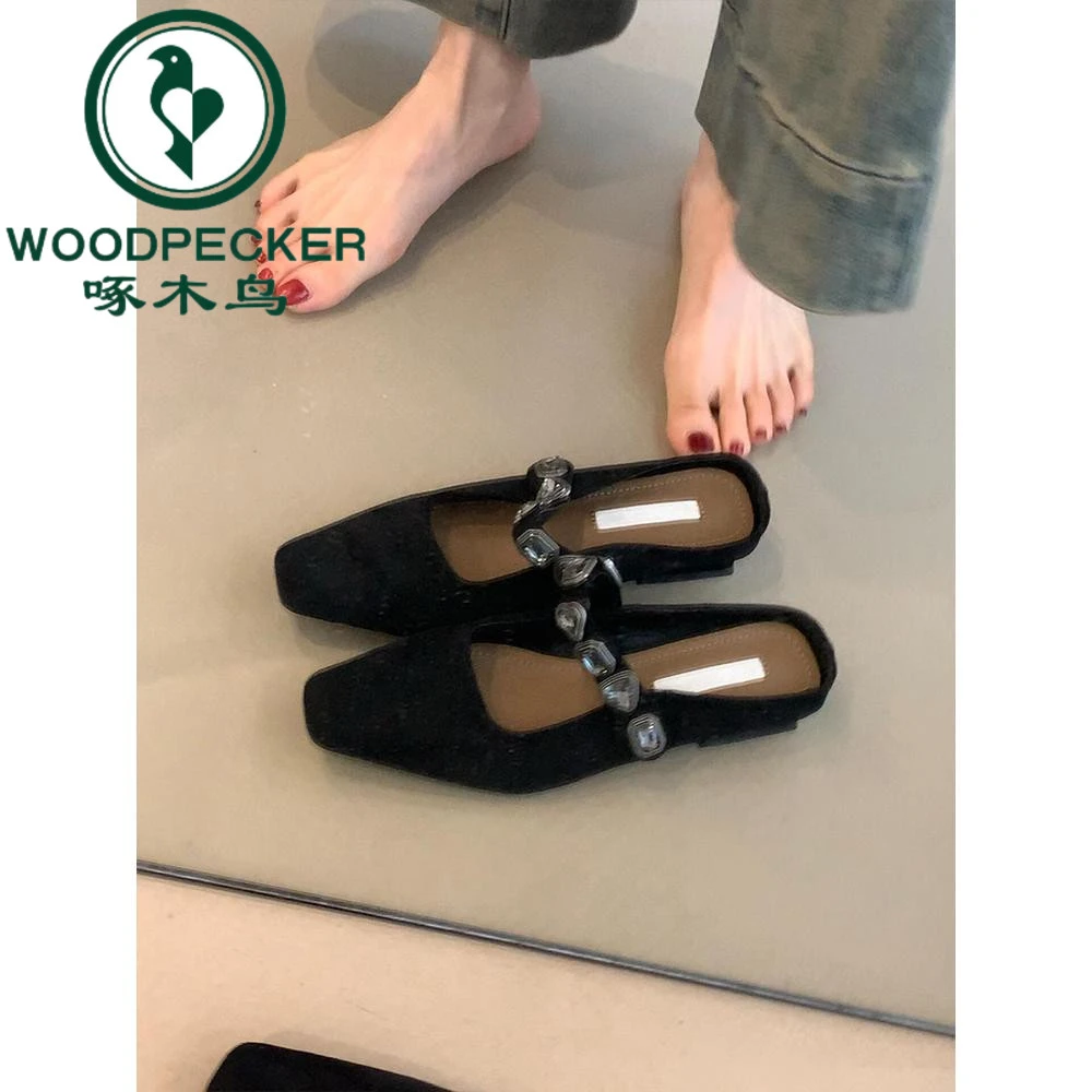 啄木鸟低跟方头半拖鞋女2025钻石一字带包头鞋优雅气质穆勒女鞋