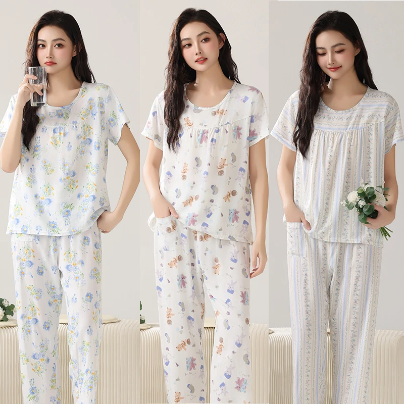 中年女夏季套装亲肤棉绸妈妈套装短袖长裤两件套舒适居家短袖2025