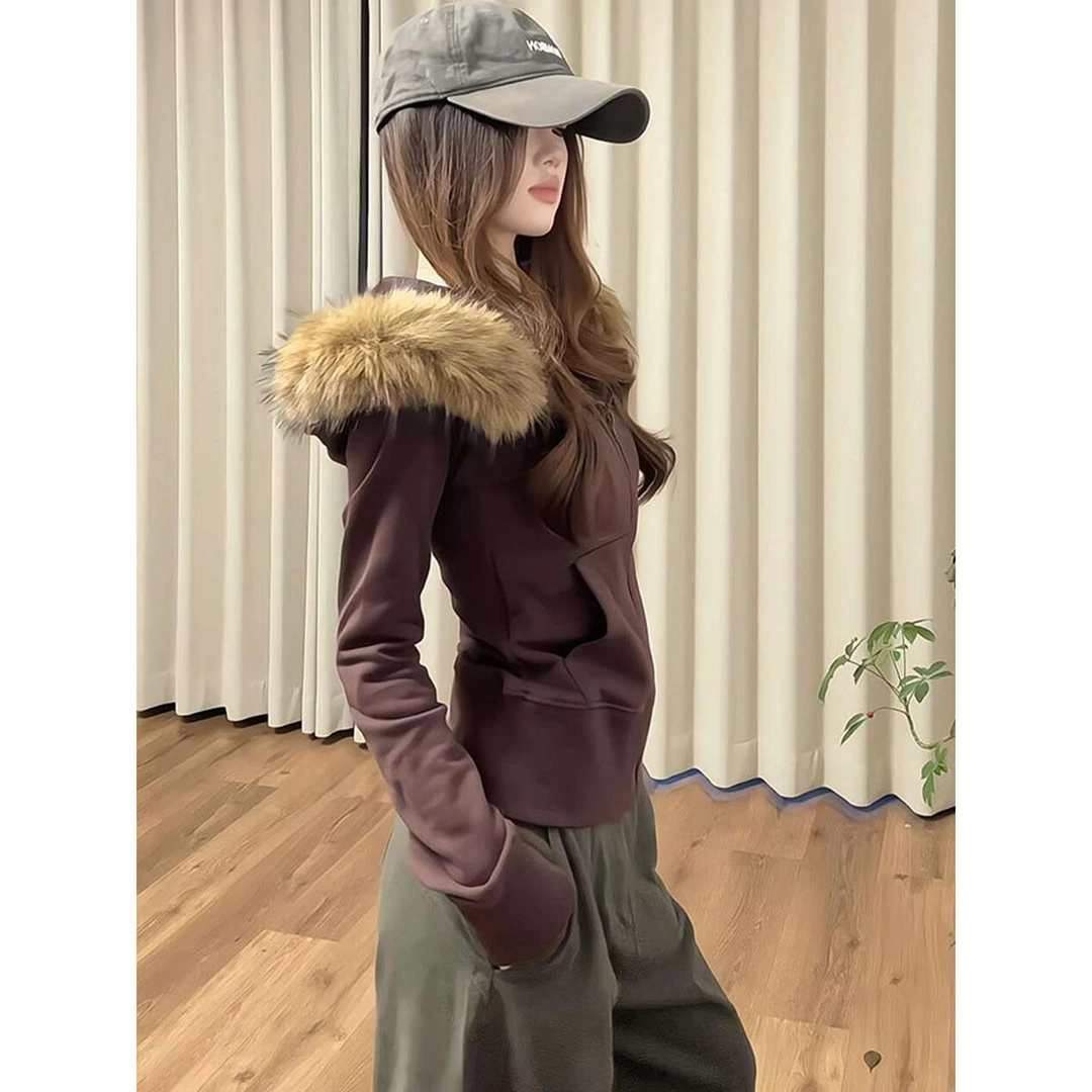 美式复古高街毛领短款连帽卫衣女秋冬季加绒修身收腰韩系慵懒外套