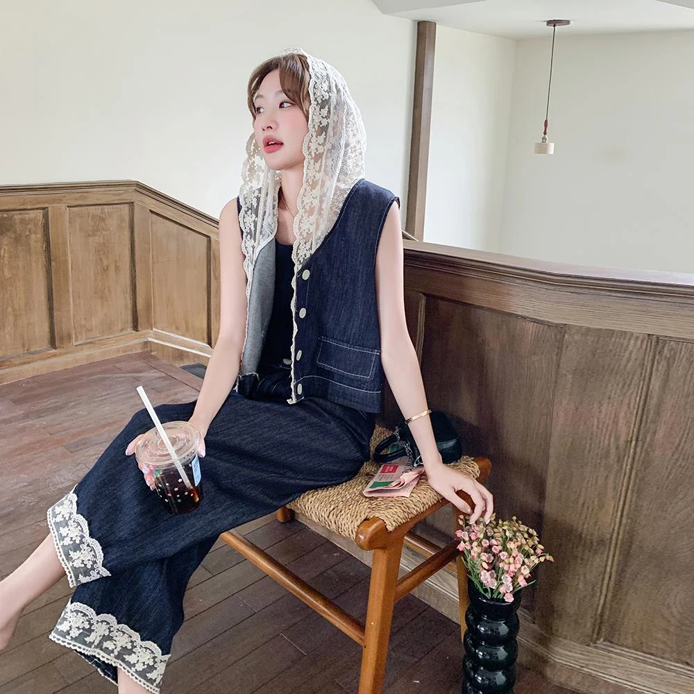 港风chic蕾丝连帽牛仔马甲套装女2025夏季新款高级感阔腿裤两件套
