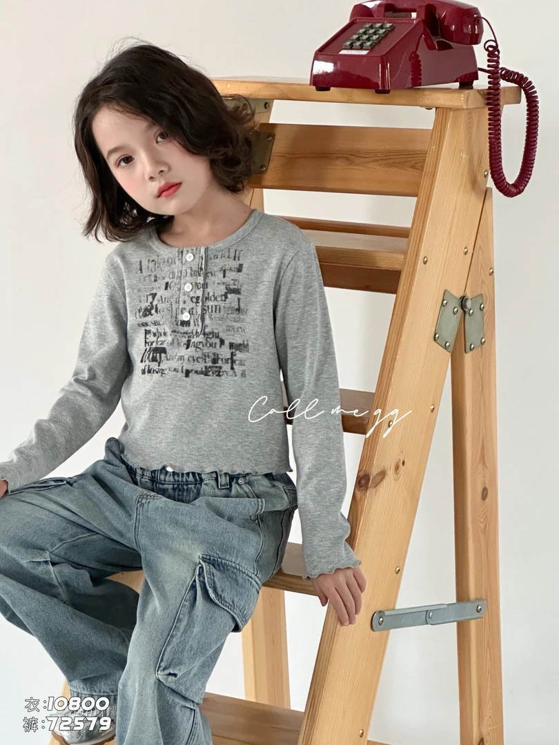 女孩童装印花短裤长袖辣妹T恤10800辣妹短款洋气女生上衣短款潮童