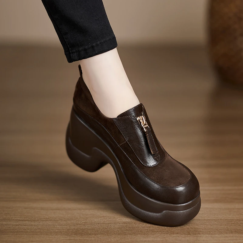 小个子增高9cm~新款松糕厚底乐福鞋前拉链拼接深口单鞋英伦小皮鞋