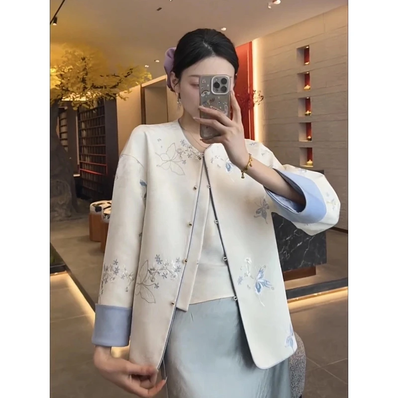 【蝶韵】双面双穿春季新中式秋冬上衣宽松国风绣花圆领女装气质外套