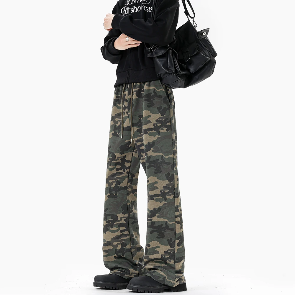 秋季水洗休闲裤迷彩重磅针织卫裤迷彩复古美式微喇长裤宽松直筒
