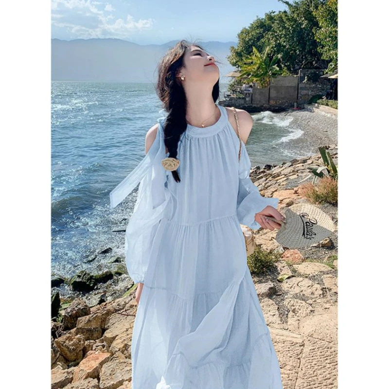 海边度假连衣裙女夏季2025新款甜美温柔风法式气质绝美露肩沙滩裙