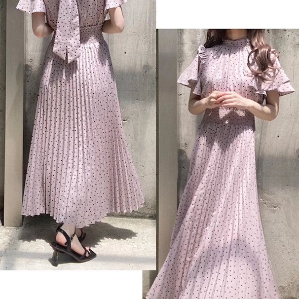 现*  花糖家 日系定制GRL甜美荷叶边波点蝴蝶结百褶连衣裙al142a