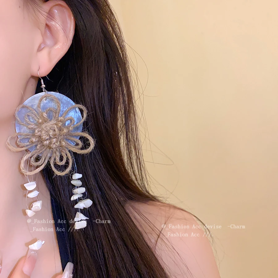 铜合金贝壳耳饰 不规则贝壳麻绳花朵流苏耳钩高级感轻奢小众2025