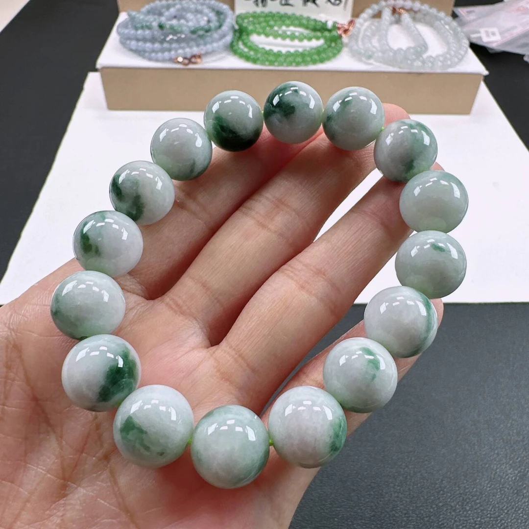 天然A货翡翠手串卡12.9mm老坑糯化水润白底飘花圆珠单圈男士女士