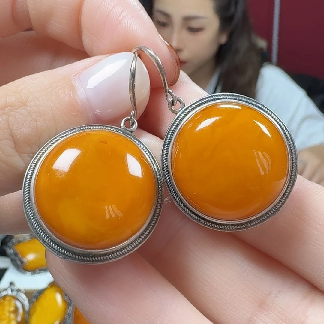 蜜蜡银S925镶嵌耳饰耳坠