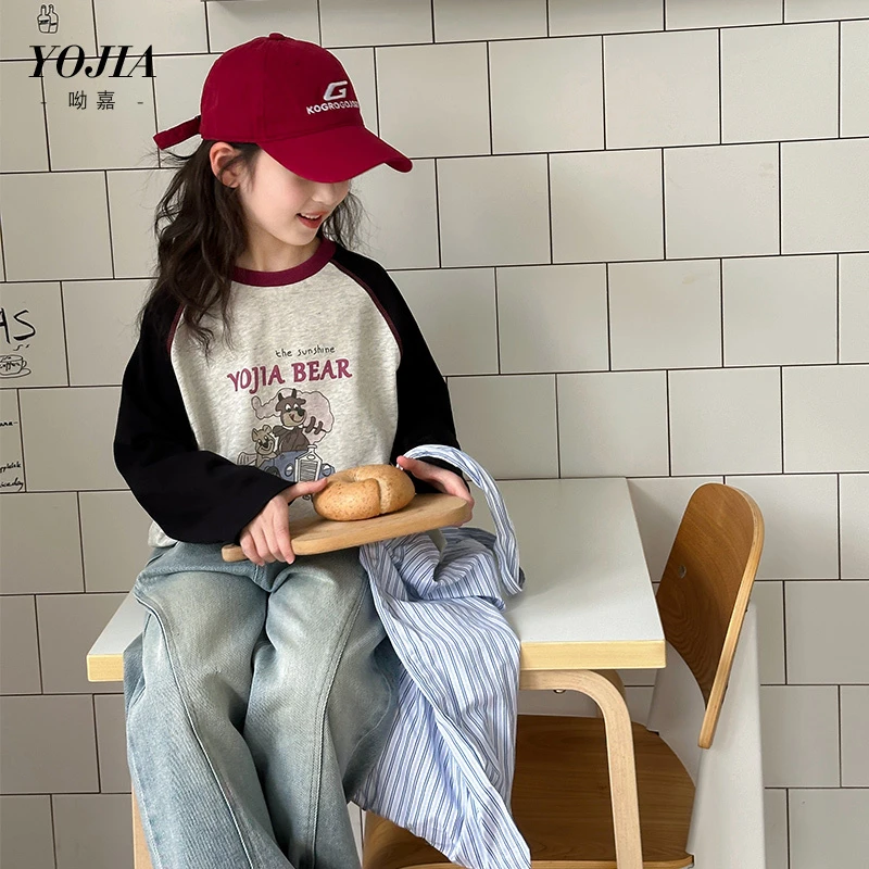 YOJIA女童打底衫春款2025新款韩版撞色小女孩长袖T恤内搭儿童上衣