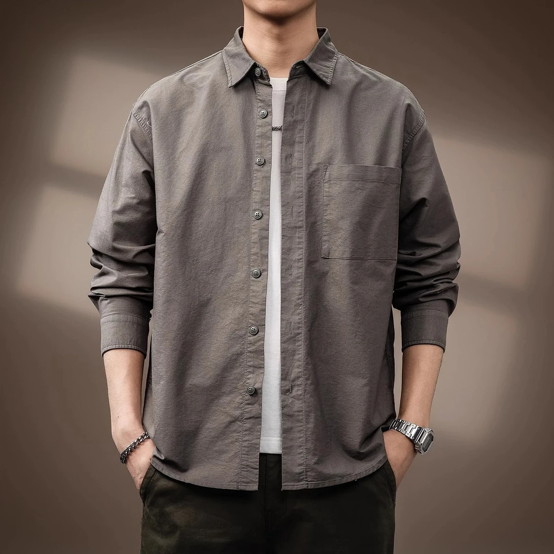 GS潮流复古高密度纯棉长袖衬衫男士春季新款宽松休闲水洗工装衬衣