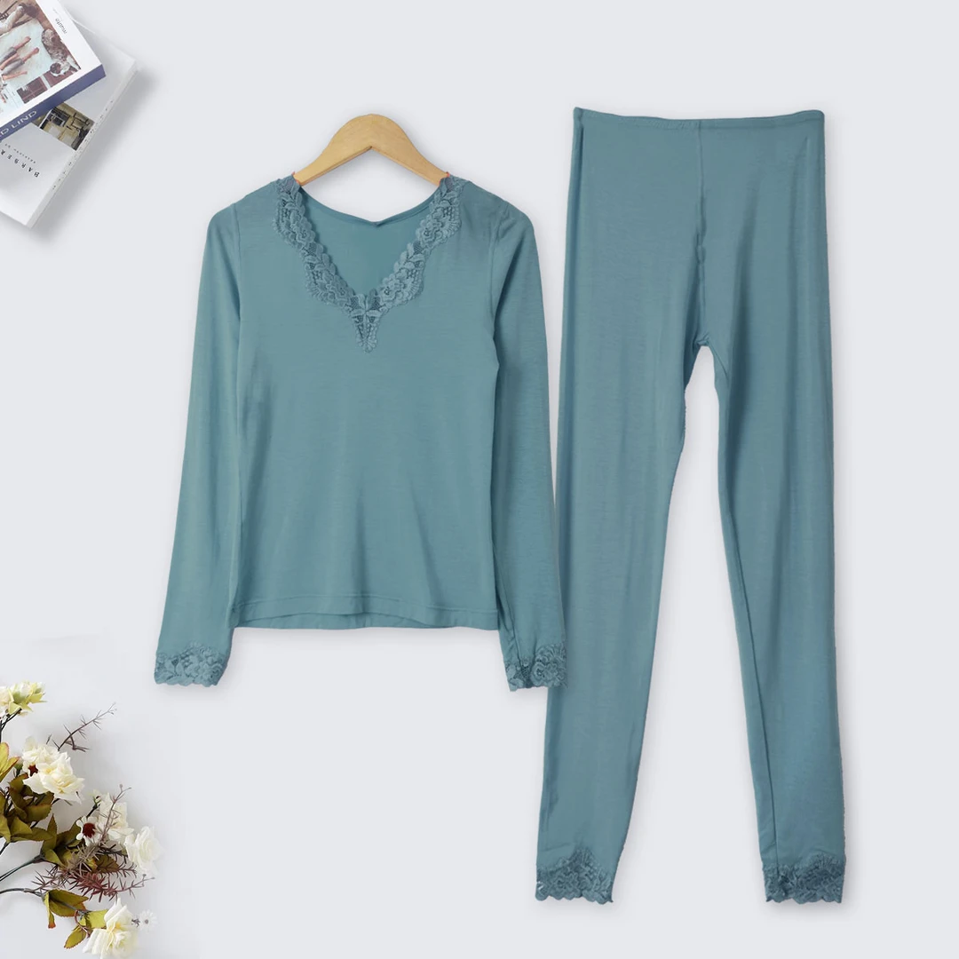 KK434 春季女士保暖套装镂空V领上衣长袖长裤  舒适亲肤透气