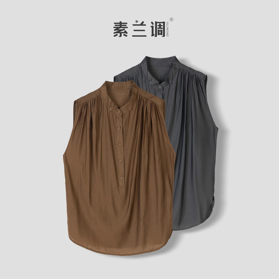 【风荷初语】灰色 无袖夏季轻薄翻领廓形压褶短袖衬衫上衣透气