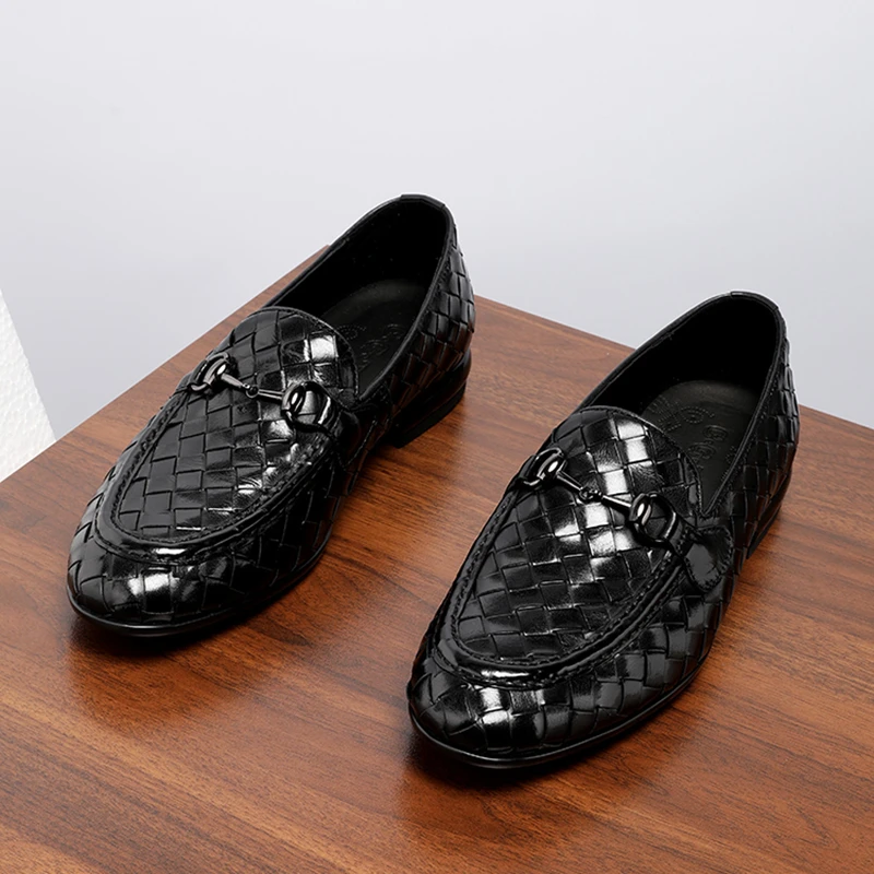 豆豆鞋男款夏季2025新款高档真皮潮流编织一脚蹬男鞋马衔扣乐福鞋