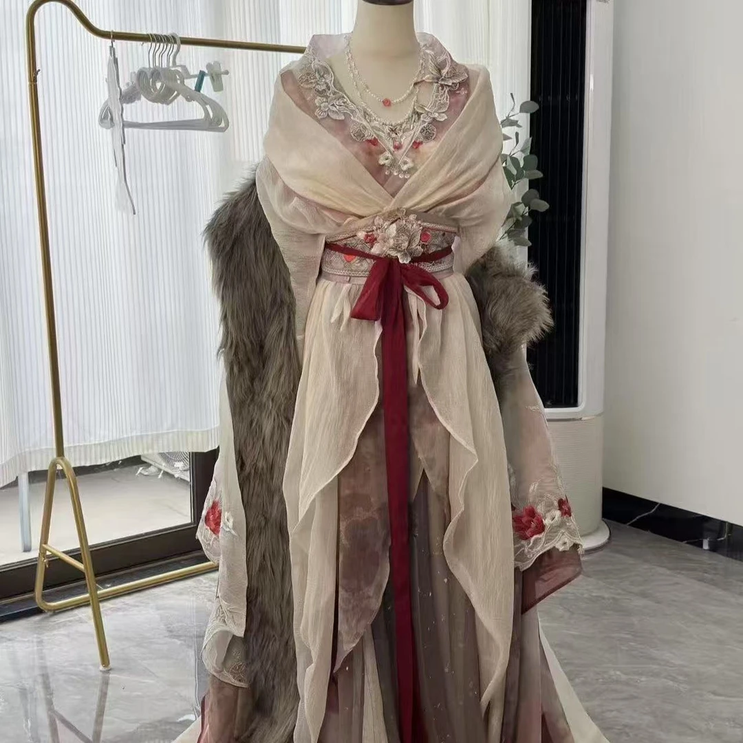 战国袍【虞姬】汉元素齐腰战国袍异型花边吊带大袖毛披帛