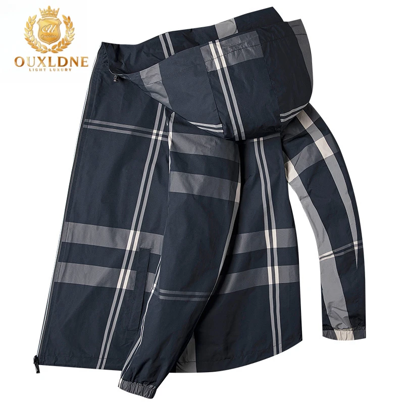 OUXLDNE格子外套男2025新款春秋季休闲潮流时尚百搭连帽夹克上衣