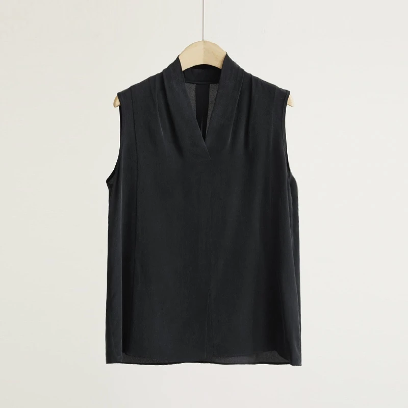 意大利高奢砂洗100%桑蚕丝高知通勤V领坎肩背心女士上衣（250733）