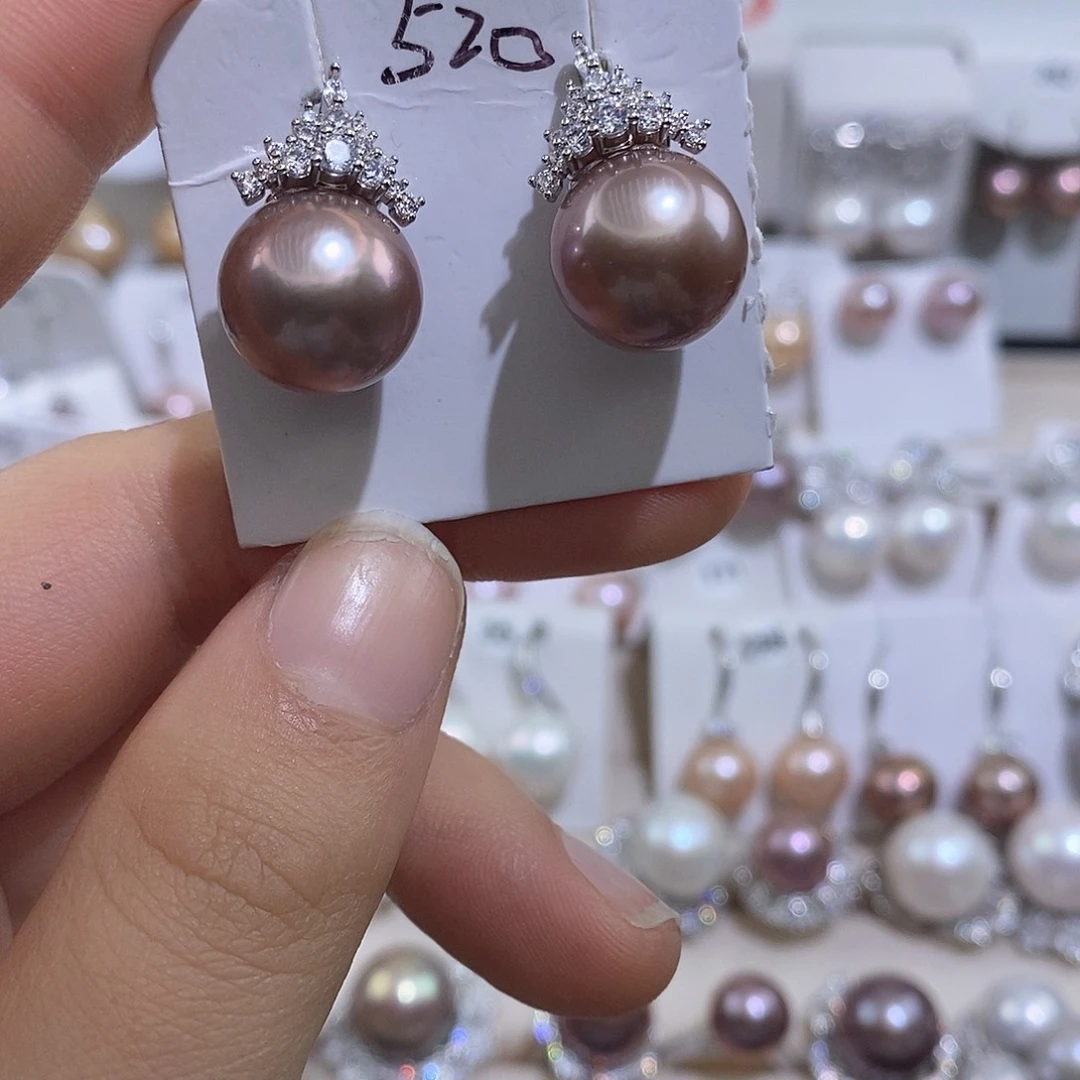 耳饰淡水珍珠银S925镶嵌12.8mm