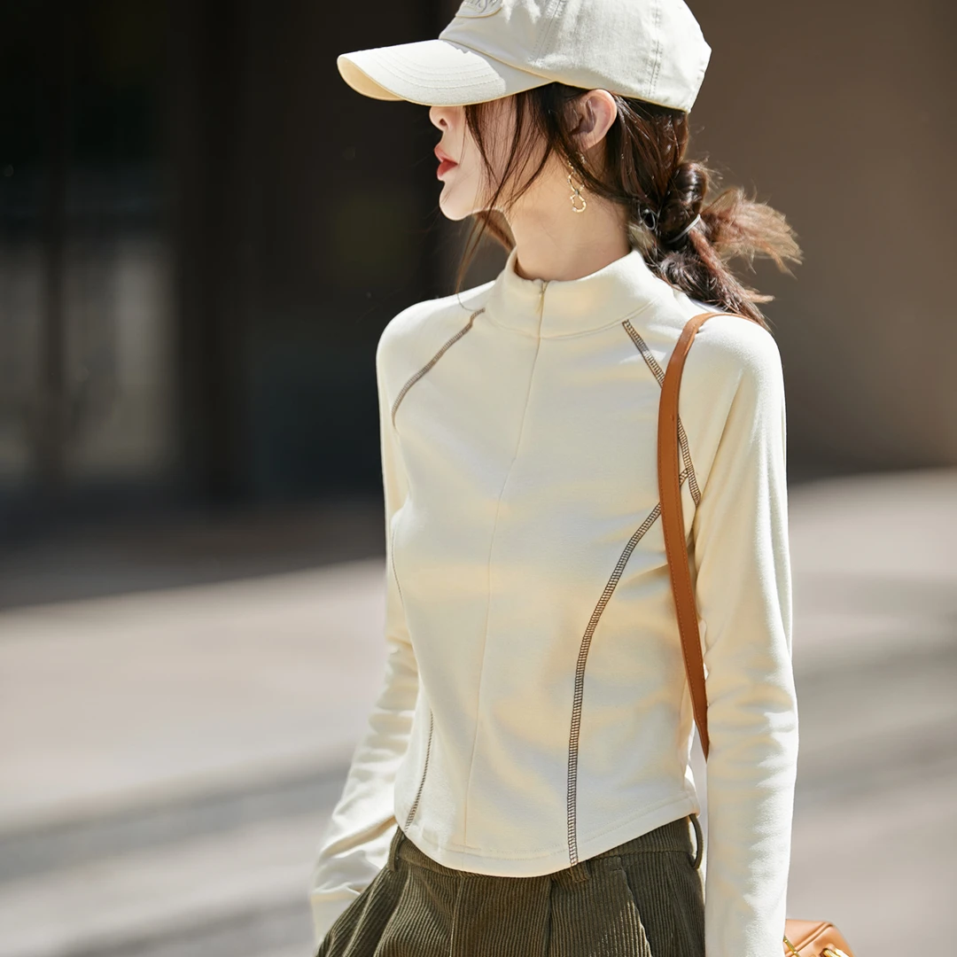 哥弟阿玛施正品立领女T恤德绒半高领修身显瘦拉链纯色长袖外套