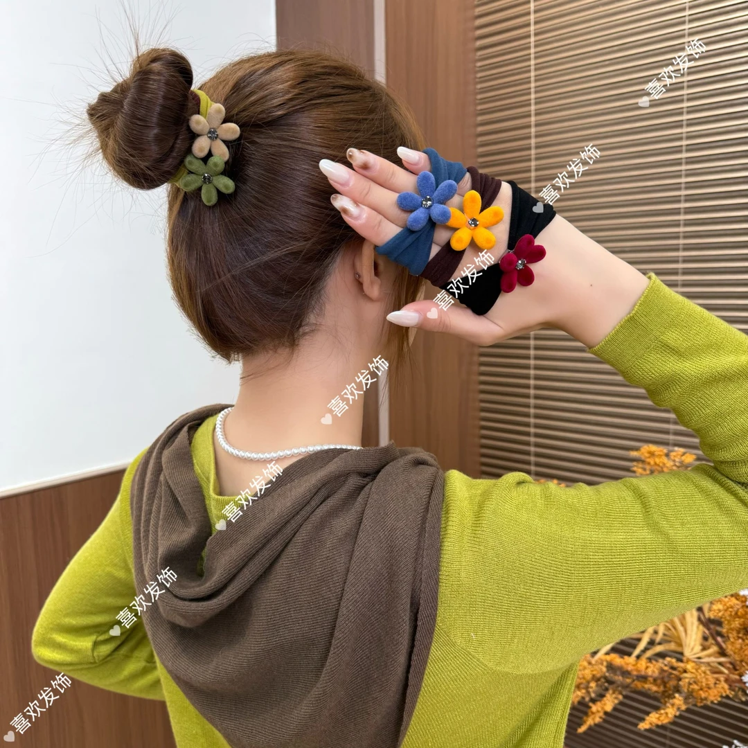喜欢发饰 韩国东大门新款秋冬植绒花朵加宽头绳高级闪钻无痕发圈