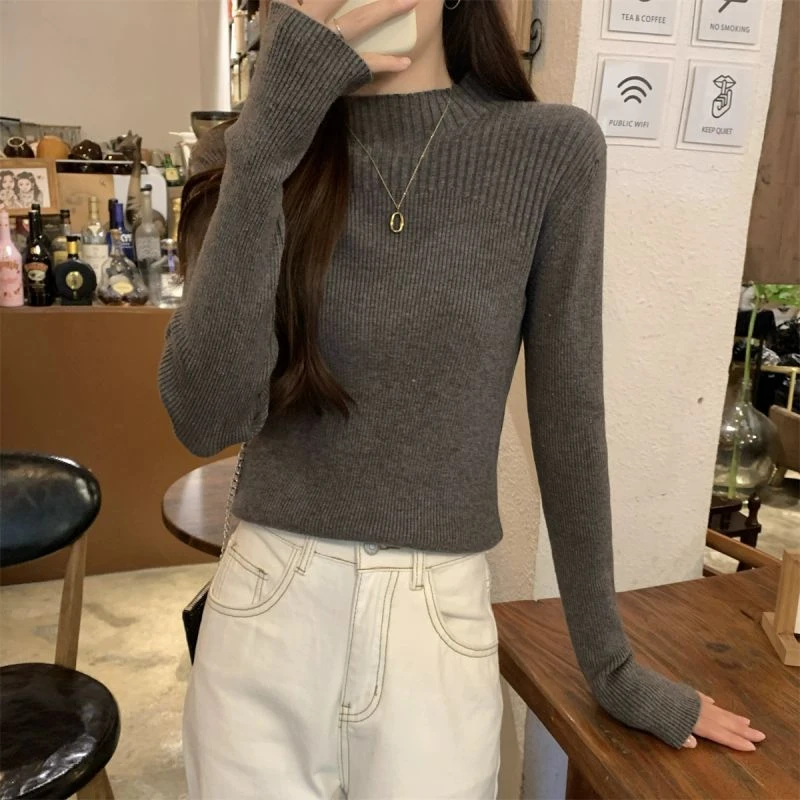 春秋冬薄款半高领内搭长袖针织衫上衣设计感别致镂空毛衣女打底衫