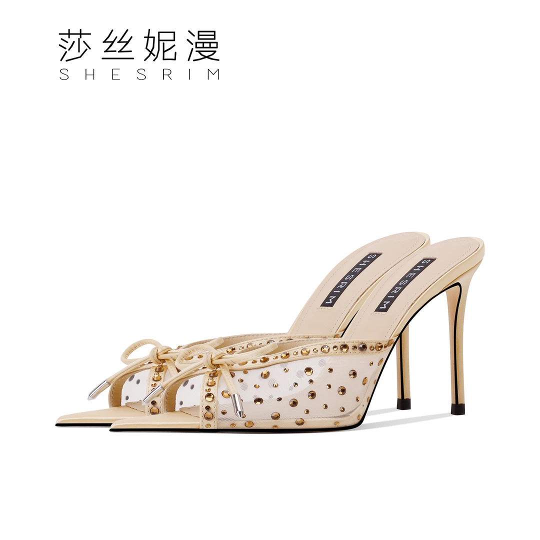 夏季凉拖鞋露趾水钻夏季时装女士凉拖细跟外穿拖鞋女优雅网纱