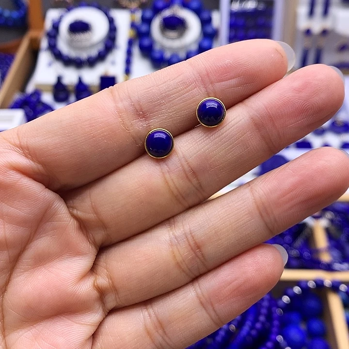 青金石银S925镀金镶嵌耳钉