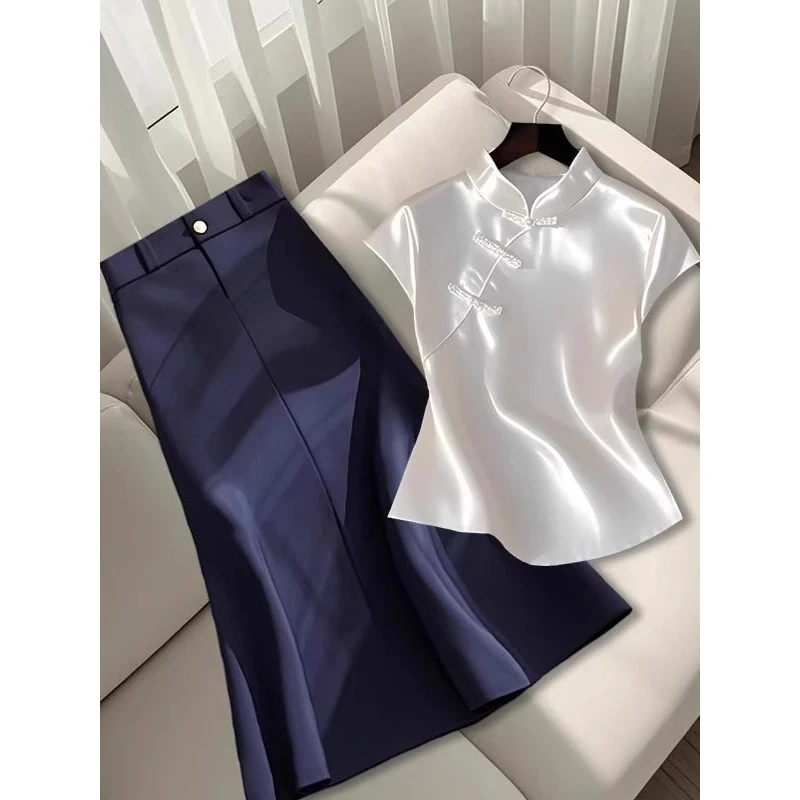 新中式女装盘扣上衣半身裙套装2025新款大码胖mm高级感国风两件套