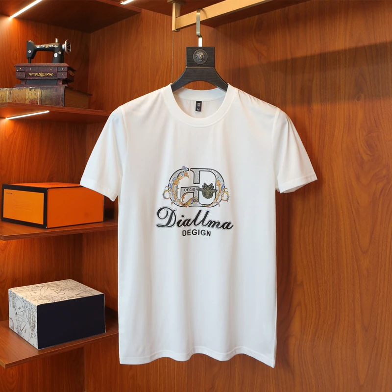 高级感夏季薄款丝光棉t恤衫男装简约潮流印花圆领修身短袖打底衫