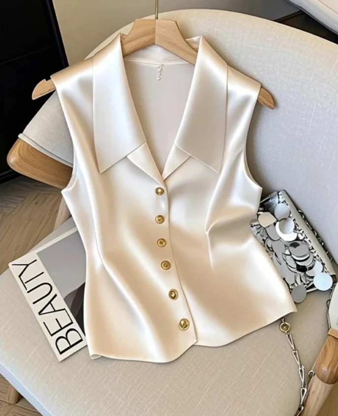 法式气质v领无袖缎面马甲背心女2025夏季独特绝美小衫高级感上衣