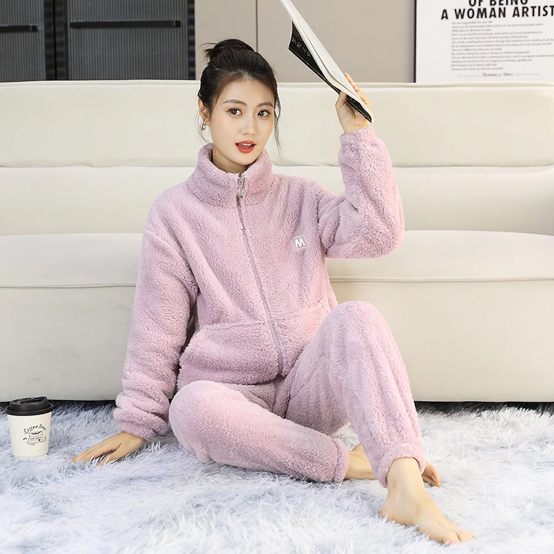 YY睡衣女秋冬季加绒加厚保暖卡通长袖家居服两件套