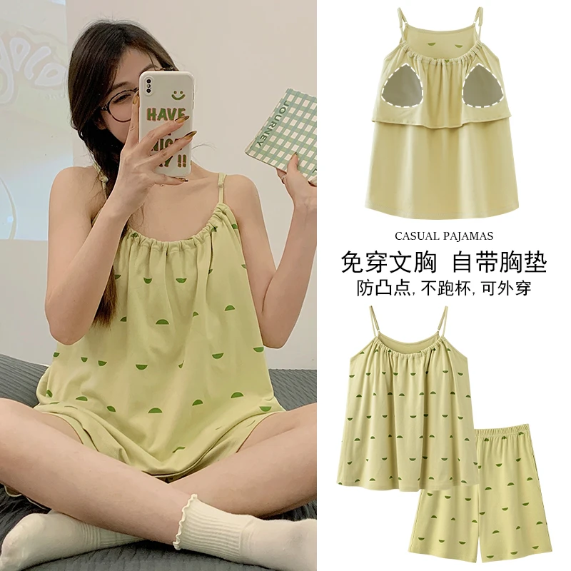 纯棉大码睡衣女吊带短裤带胸垫夏季薄款胖mm200斤女士家居服套装