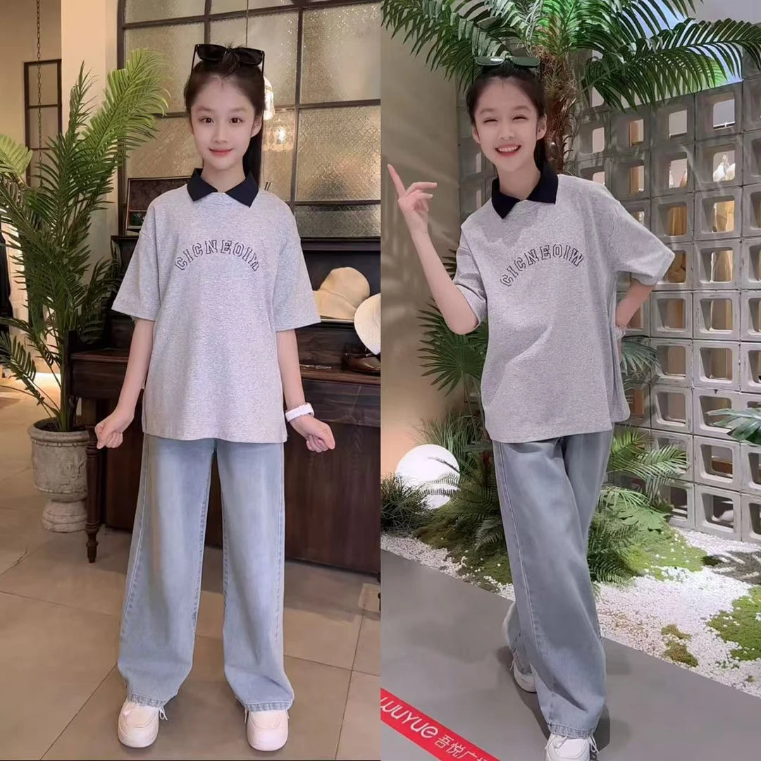 女童夏季薄款短袖套装夏装牛仔阔腿裤中大童休闲儿童翻领字母T恤