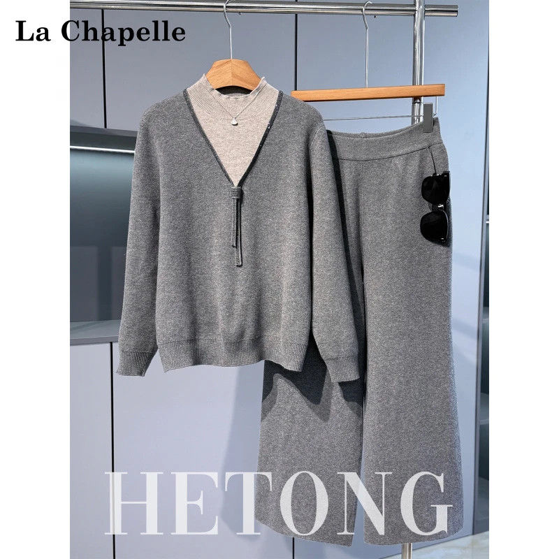 拉夏贝尔妈妈秋装高档针织套装中老年女装阔太太打底衫上衣两件套