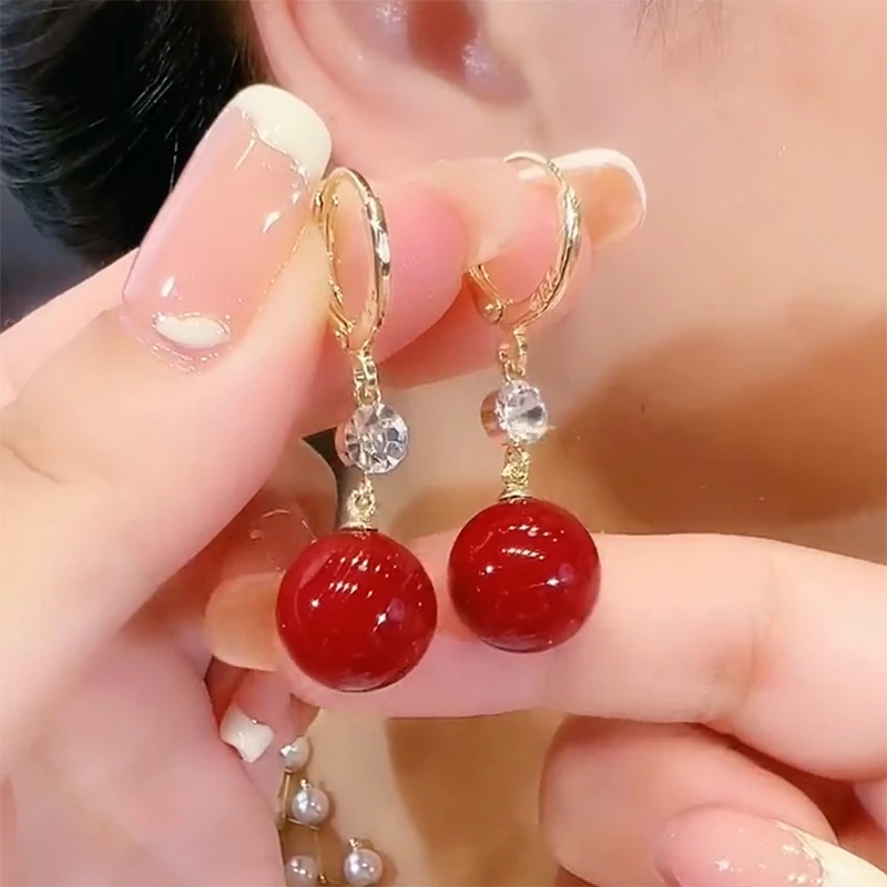 合金玻璃耳饰 合金小巧简约百搭玻璃圆球耳环绿色合金韩式设计感