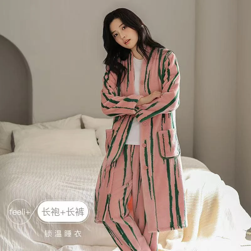 168睡衣女长款秋冬加厚套装家居服保暖春秋珊瑚绒法兰绒可外穿