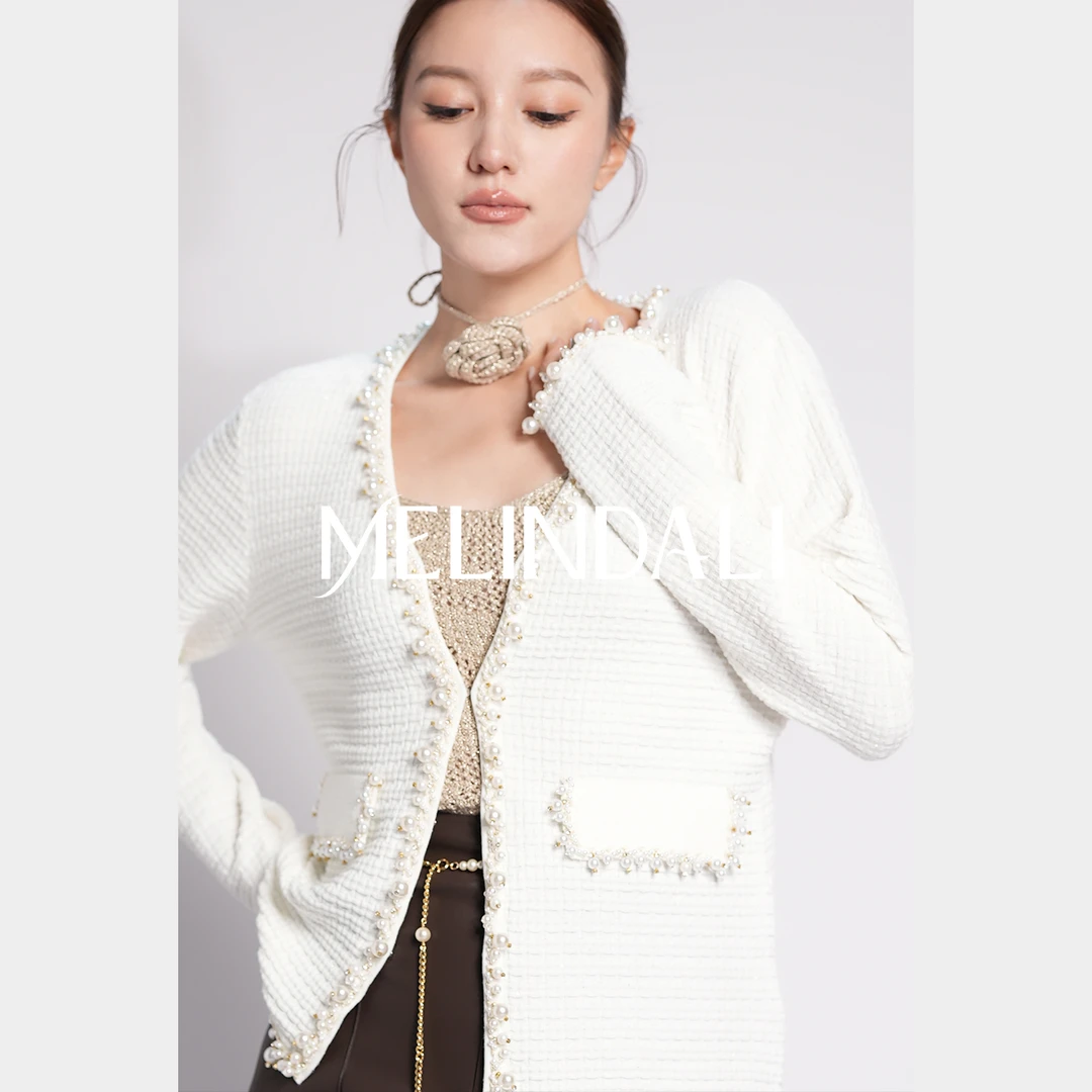 Melinda Li【珍珠典藏】小香风钉珠镶钻高级感气质V领针织开衫外
