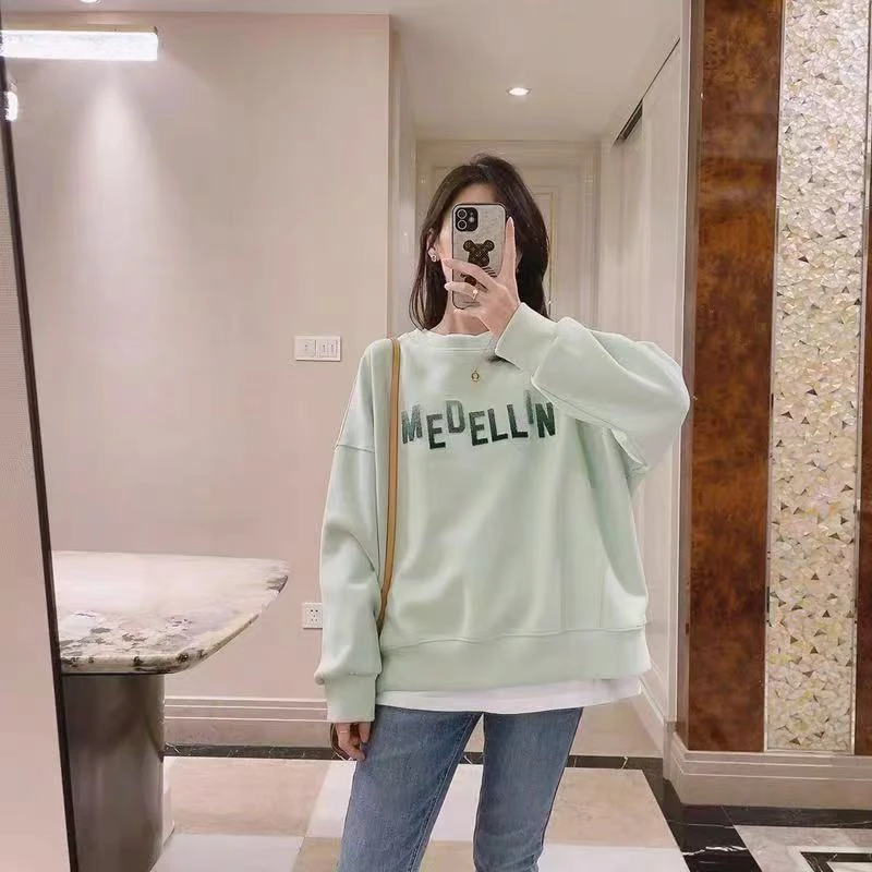 Z967女印花百搭韩版圆领秋冬港风拼接卫衣长袖常规秋季