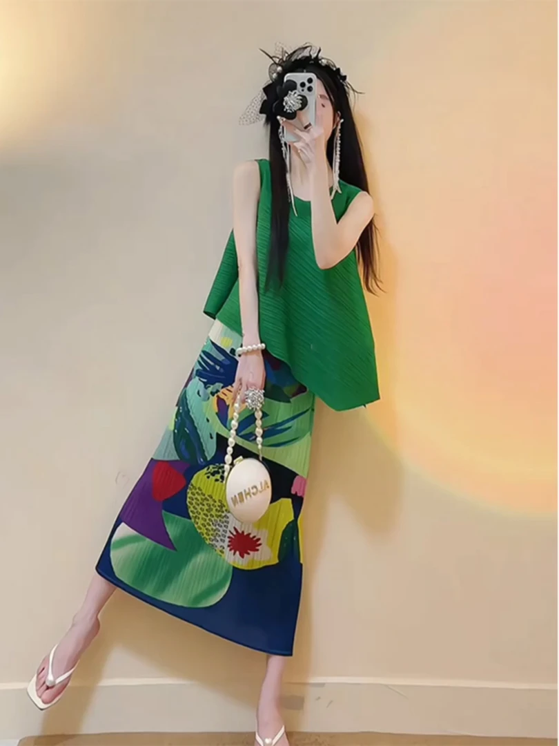 吊带设计师御姐风圆领背心印花时尚套装撞色气质显瘦2025夏季新款