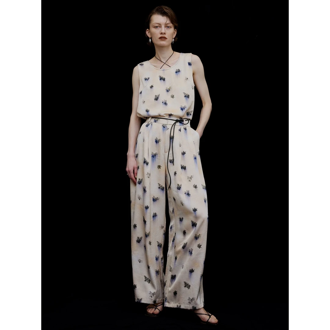 【早八艺术家】MonTendre秋季花卉光泽感长裤印花休闲高腰阔腿裤代