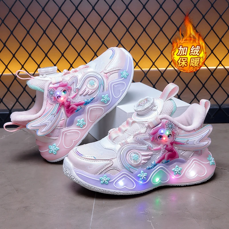 冬季2025新款加绒女童运动鞋皮面亮灯鞋保暖新款儿童纽扣休闲棉鞋