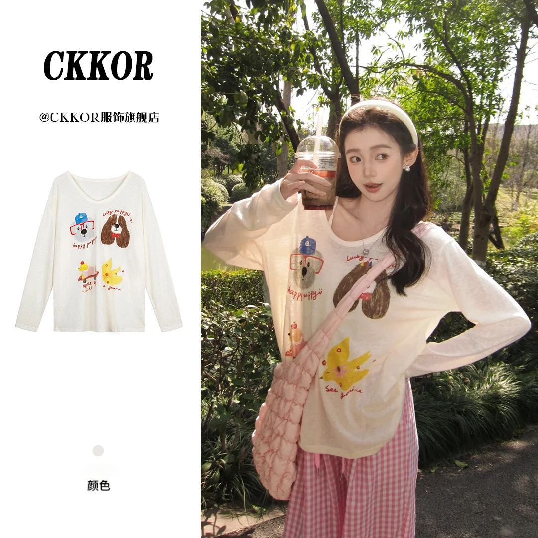 CKKOR卡通风印花显瘦防晒罩衫长袖t恤女夏季新款百搭休闲宽松上衣