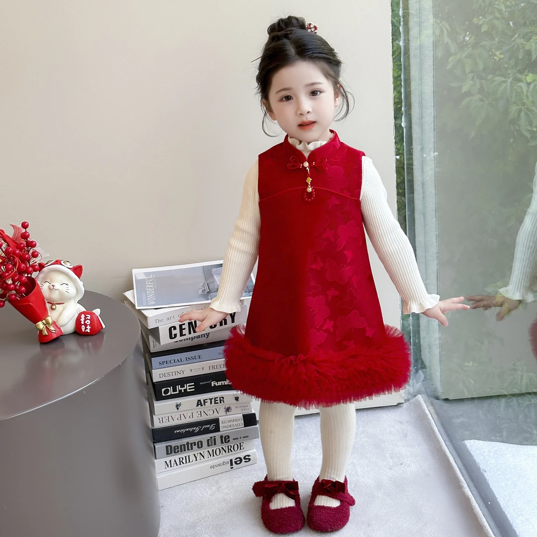 女童红色旗袍裙套装2025秋冬新款唐装红色礼服裙冬季喜庆拜年服潮