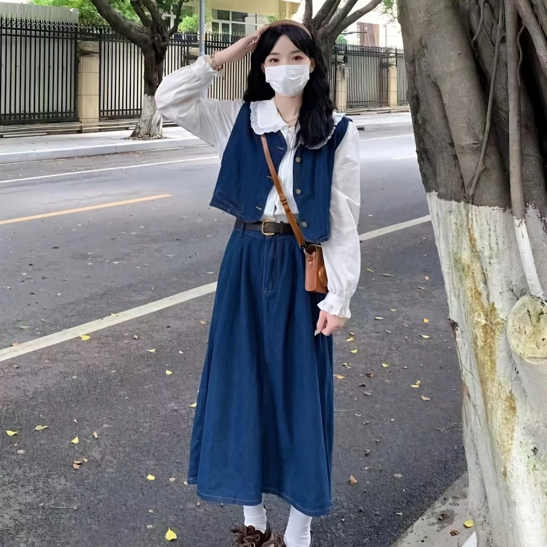 2025韩系时尚套装女秋季新款牛仔马甲半身裙衬衫三件套
