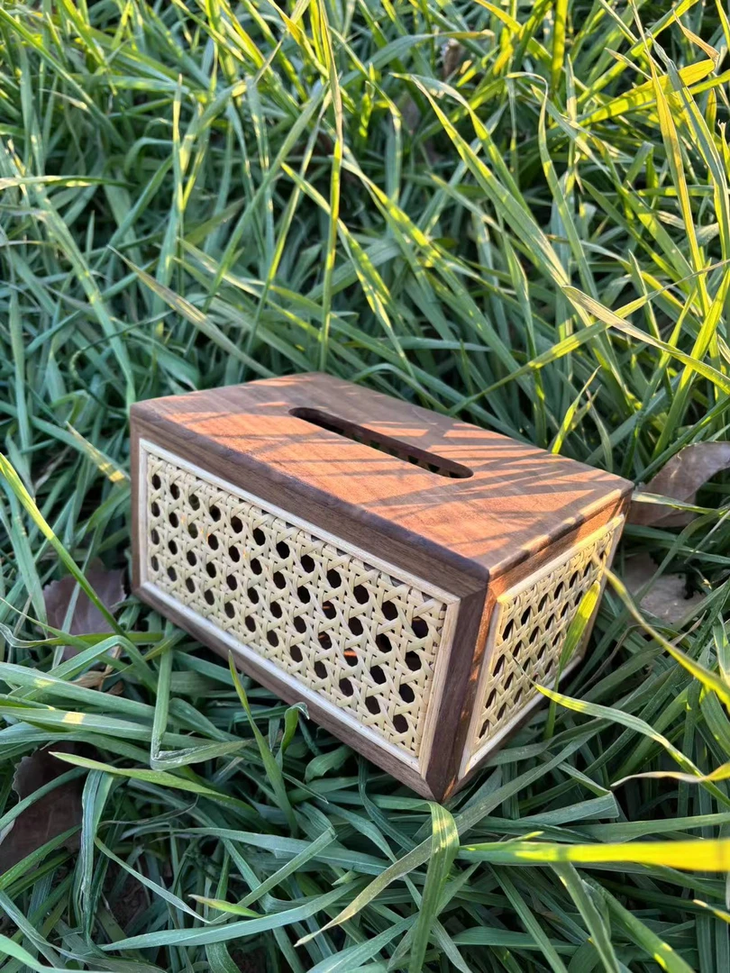 【胡桃纸巾盒】黑胡桃实木中式防水藤编纸巾盒收纳19*12*10cm