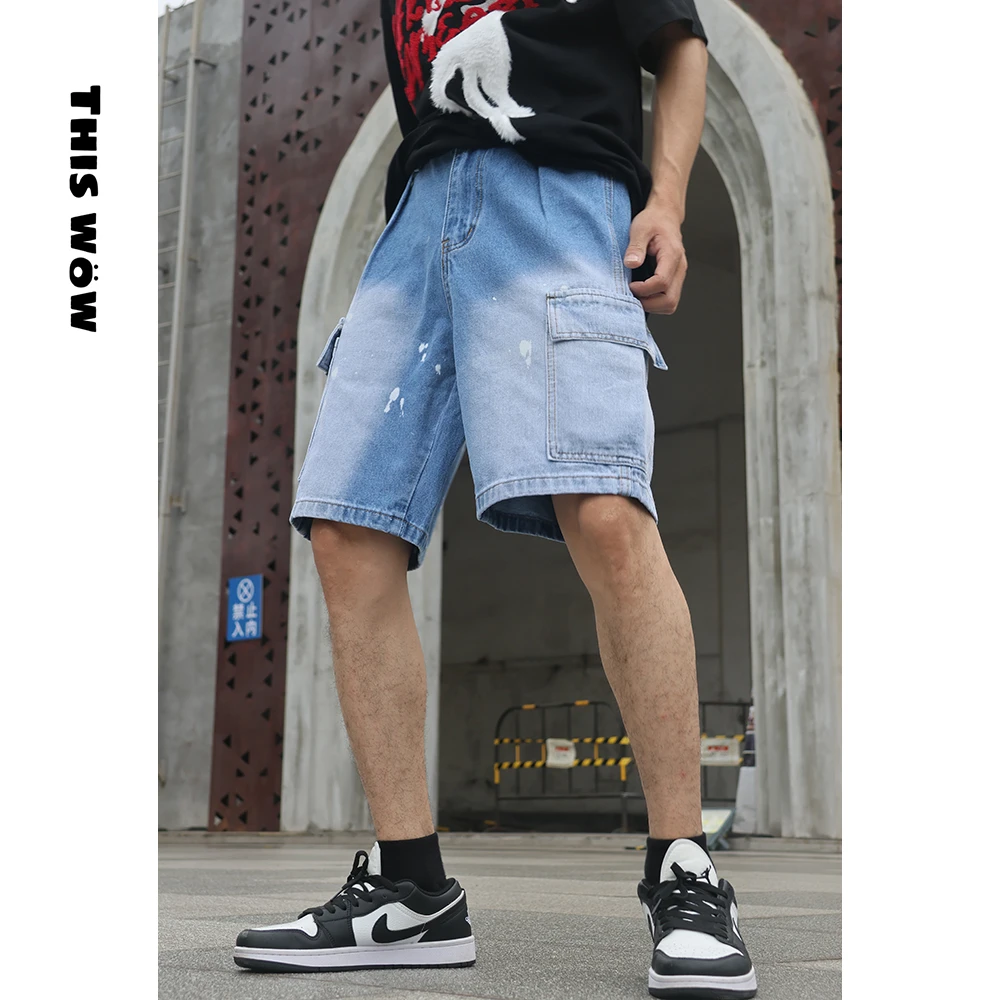 THIS WOW夏季美式风格渐变泼墨中裤多口袋牛仔五分裤松紧腰头男女